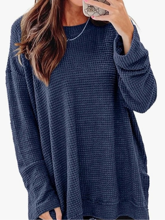 Sweaters - Cozy Waffle Knit Long Sleeve Sweater - Navy